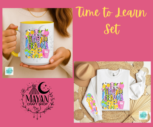 A promotional collage for a Mayan craft shop 'Time to Learn Set' featuring a white ceramic mug with a colorful hand-lettered design, a white sweatshirt with the same design, and a white hat on a woven mat. The layout includes a pink background with yellow text reading 'Time to Learn Set'.