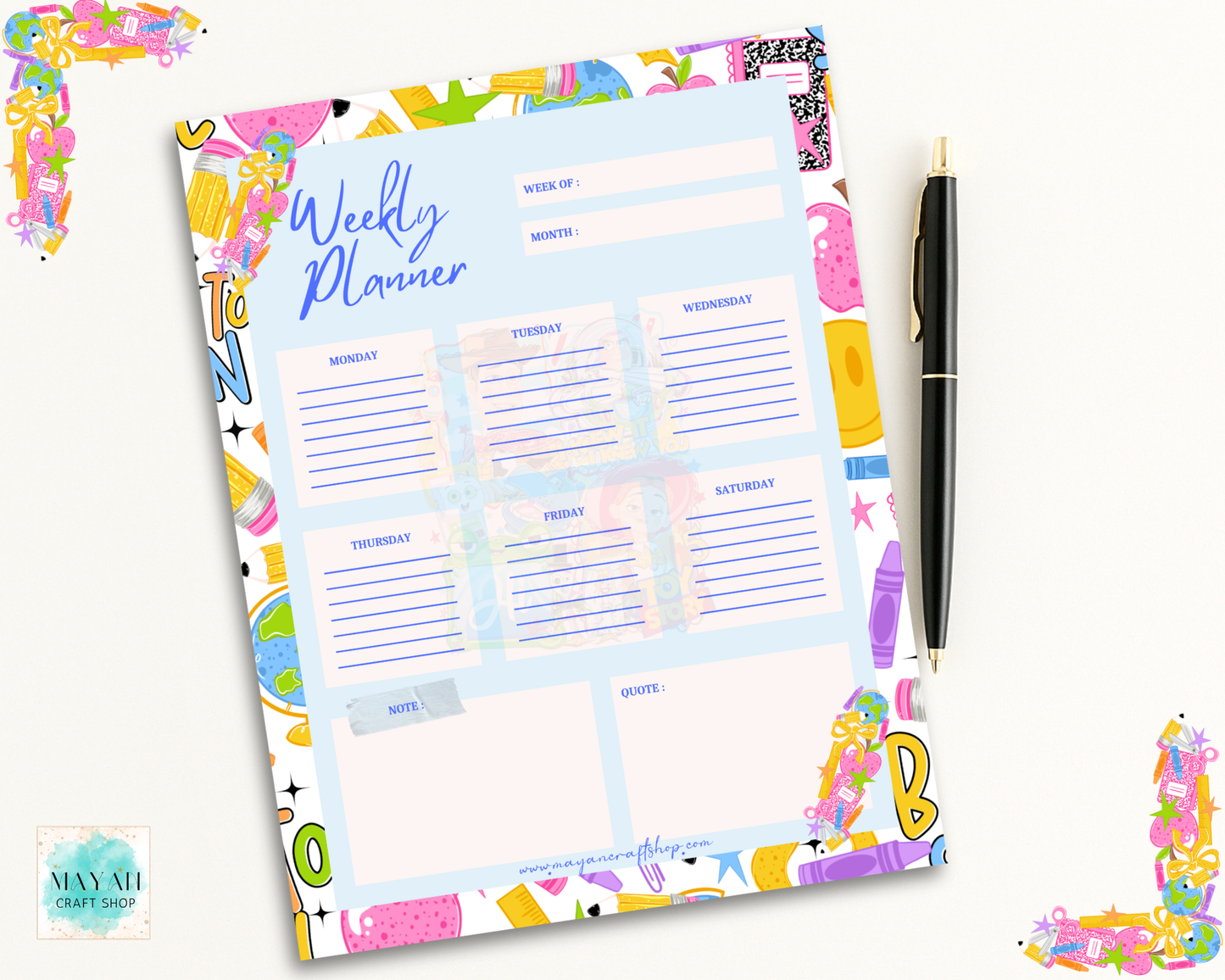 A weekly planner notepad with a pastel blue center and colorful illustrated border, shown on a white background next to a black pen.