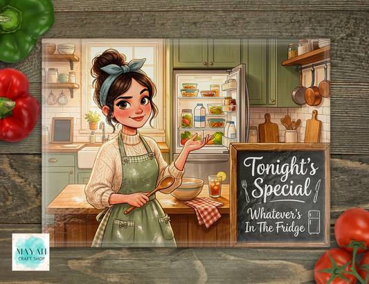 Illustration of a woman in a kitchen with a chalkboard sign and vegetables on a rustic wooden background.
