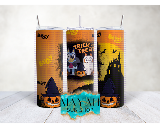 Trick or treat blue 20 oz. skinny tumbler. -Mayan Sub Shop