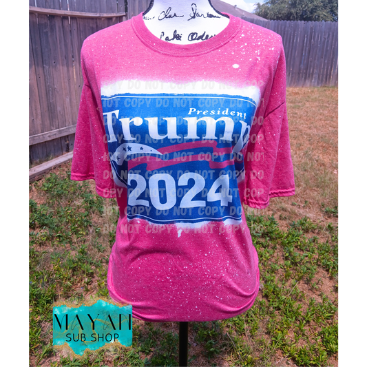 Trump 2024 blue in heather red bleached shirt. -Mayan Sub Shop