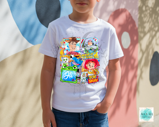 Child wearing a white t-shirt with  character graphics against a colorful abstract background.