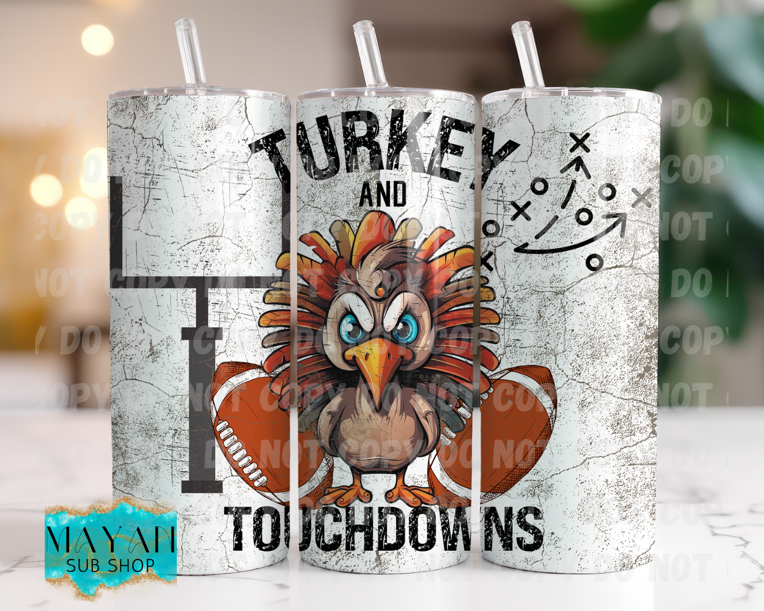 Turkey and touchdowns 20 oz. skinny tumbler. Mayan Sub Shop