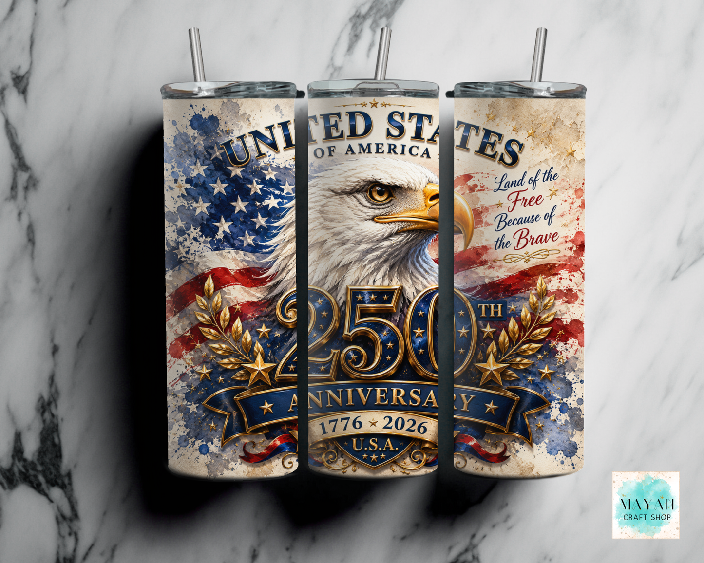 Three tumblers with American patriotic design on a marble background