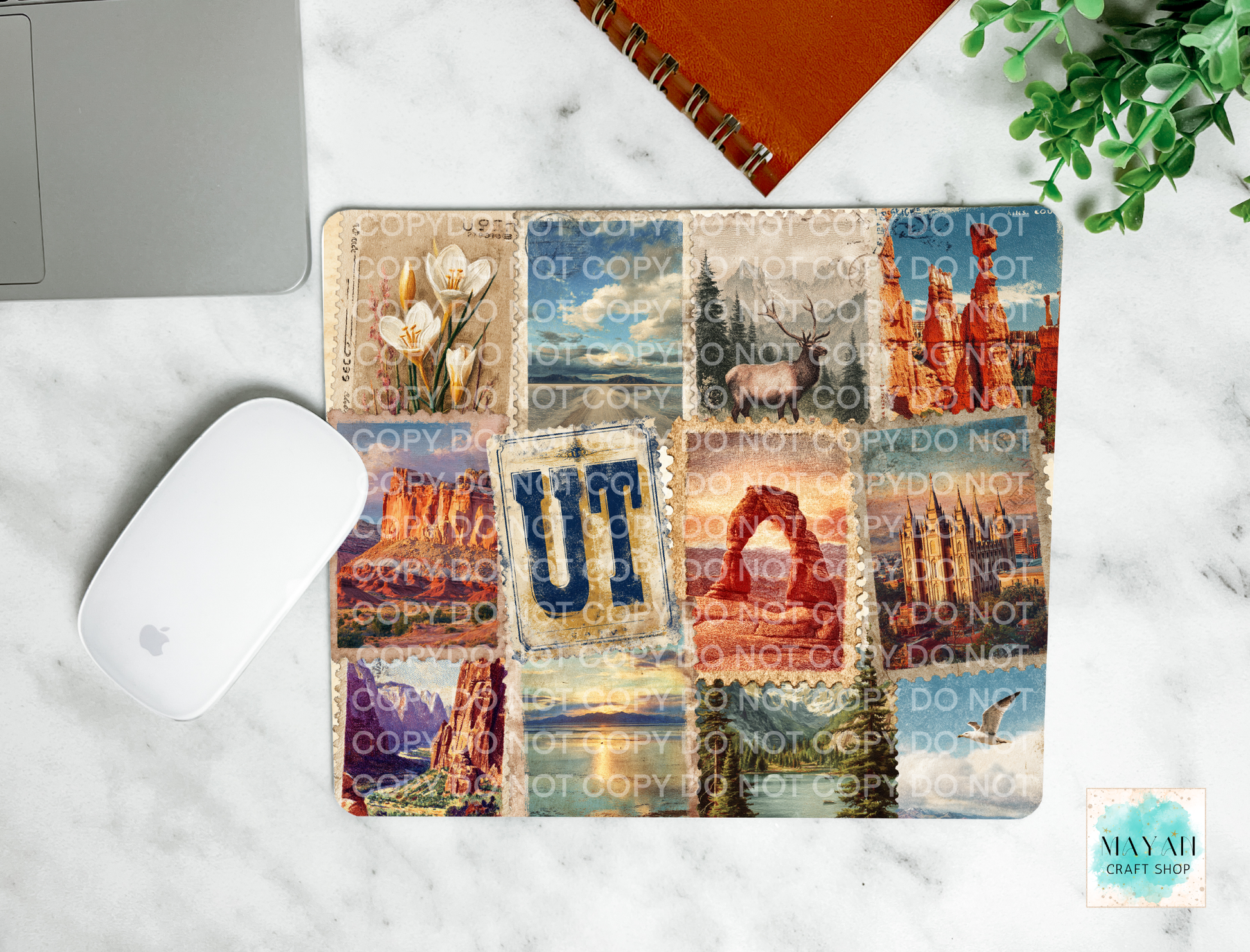 Colorful design on a mouse pad with scenic images and text.
