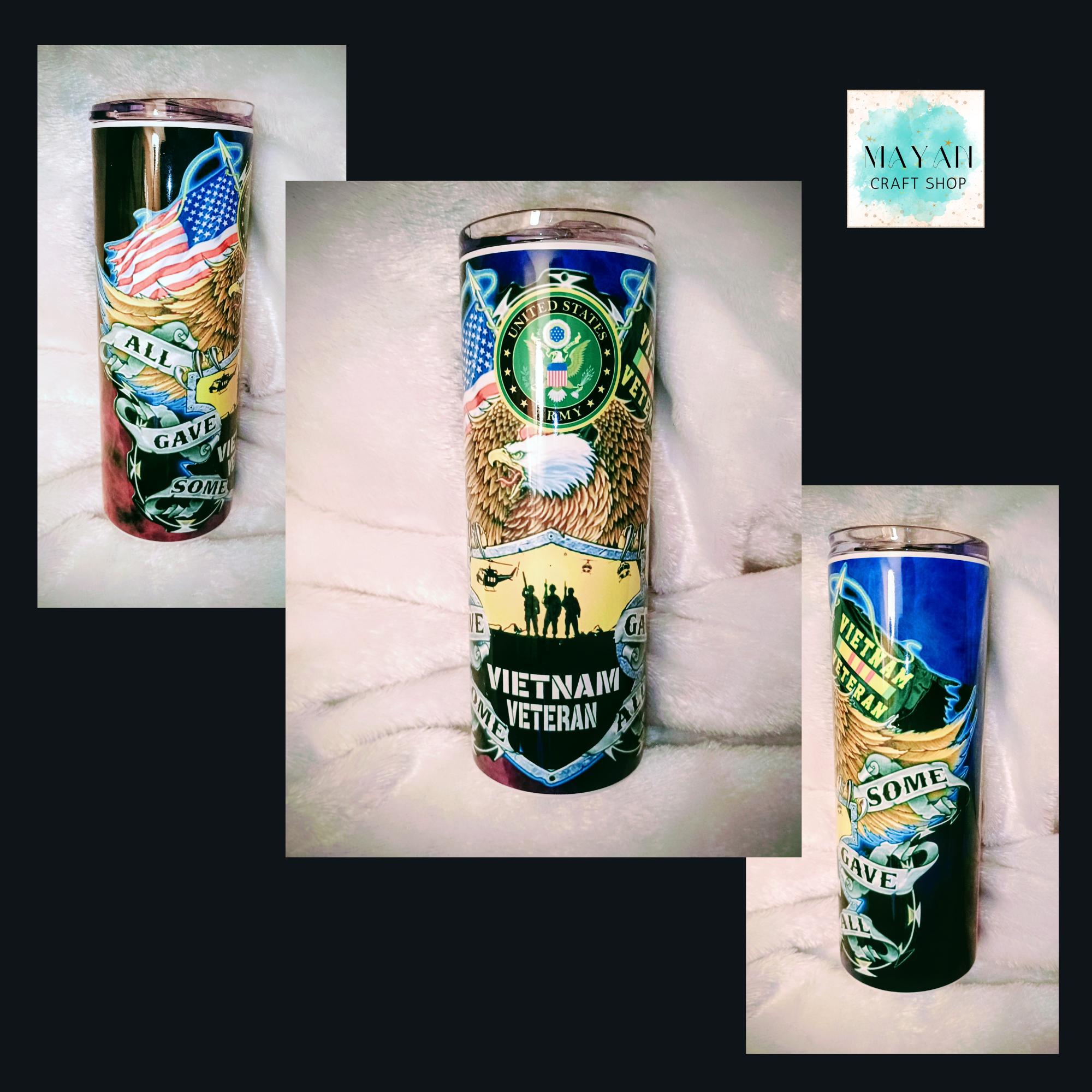 Collage of Vietnam Veteran-themed tumblers with various designs on a white surface.