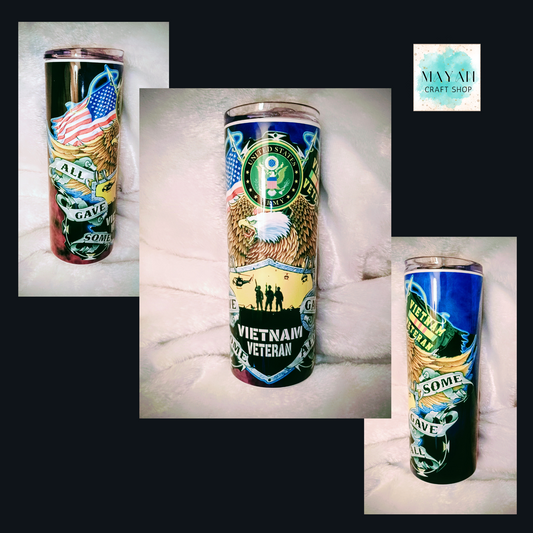 Collage of Vietnam Veteran-themed tumblers with various designs on a white surface.