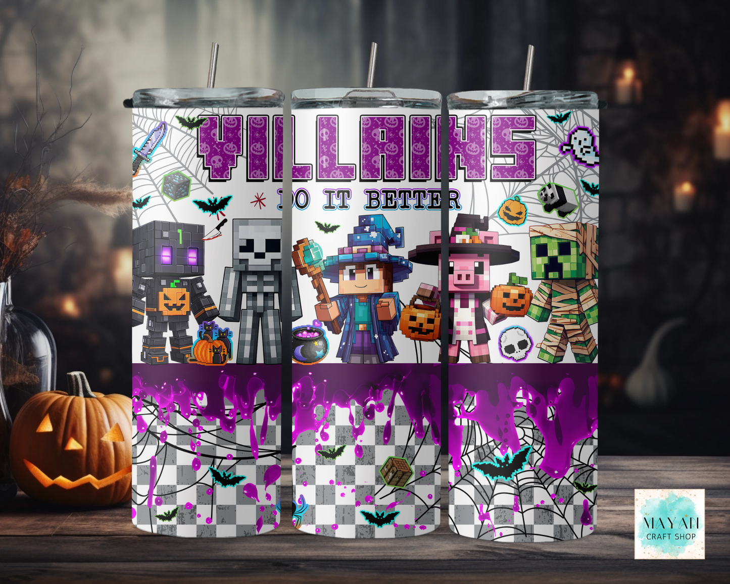 Three Halloween-themed tumbler designs with characters and text on a dark background.