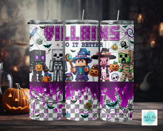 Three Halloween-themed tumbler designs with characters and text on a dark background.