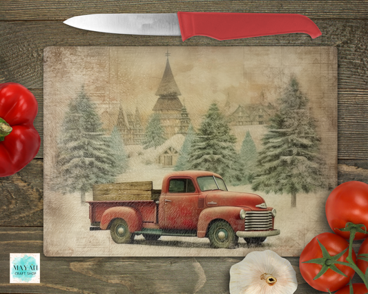 Vintage red truck cutting board. -Mayan Craft Shop