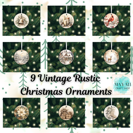 Collage of vintage rustic Christmas ornaments on a green leafy background with 'Natalie's Craft Shop' branding.