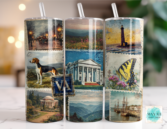 Three cylindrical tumblers with scenic and vintage designs on a blurred background