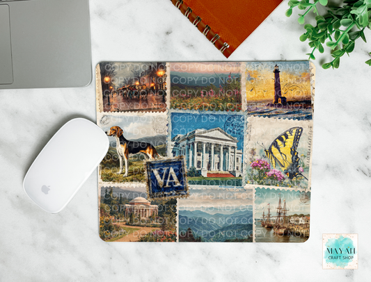 Mouse pad with vintage-style collage design on a marble surface