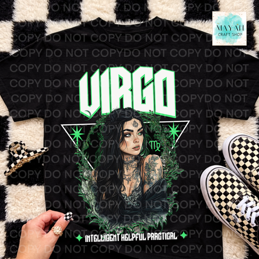 A black graphic t-shirt featuring a 'Virgo' zodiac design with a female illustration, green stars, and the text 'INTELLIGENT HELPFUL PRATICAL'. The shirt is displayed in a flat-lay arrangement on a black and white checkered rug, next to a hand, a small checkered accessory, and black-and-white checkered sneakers.