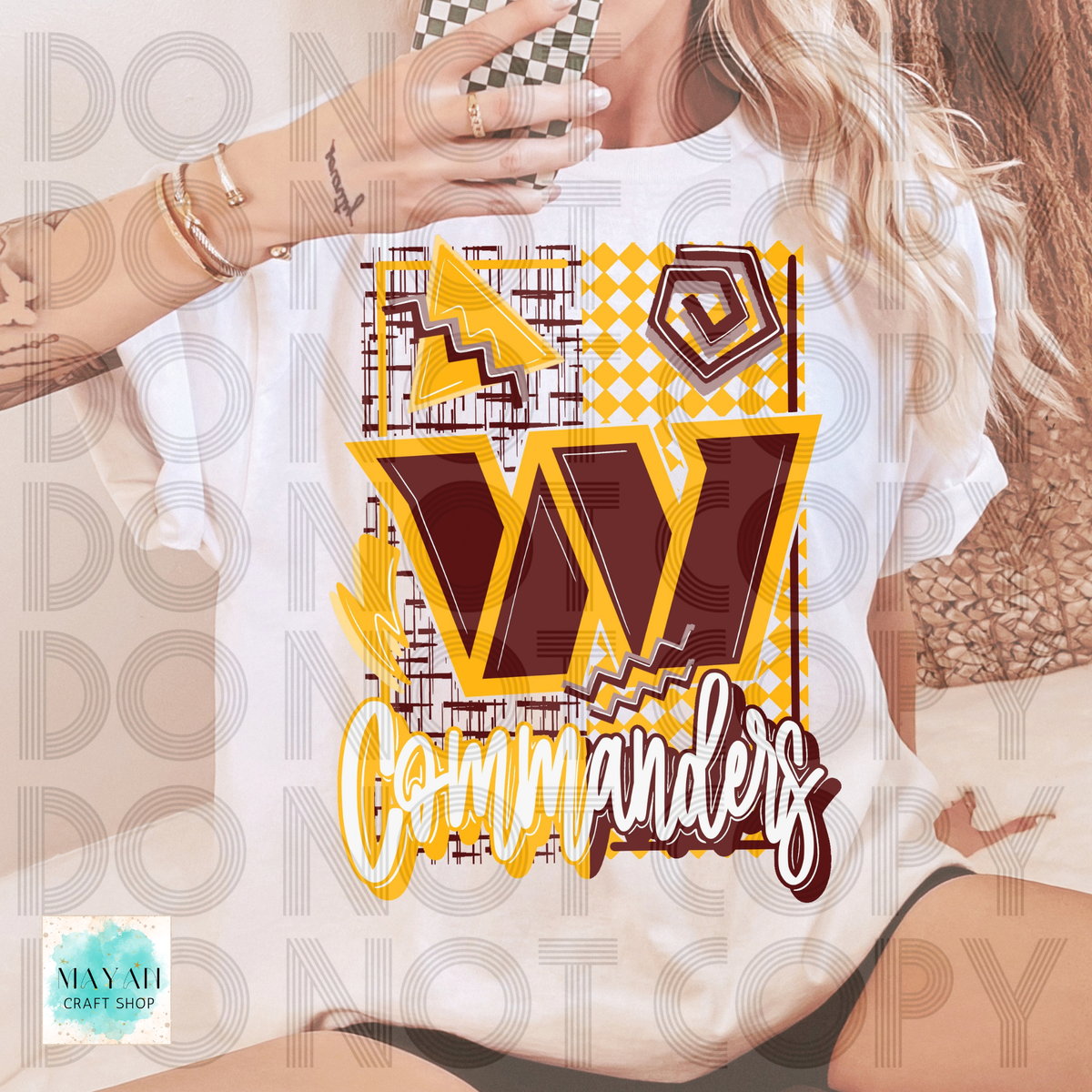 A woman wearing a white graphic T-shirt with a large yellow, brown, and white design on the front. The photo has a diagonal 'DO NOT COPY' watermark overlay, and a 'MAYAN CRAFT SHOP' logo is visible in the bottom-left corner.