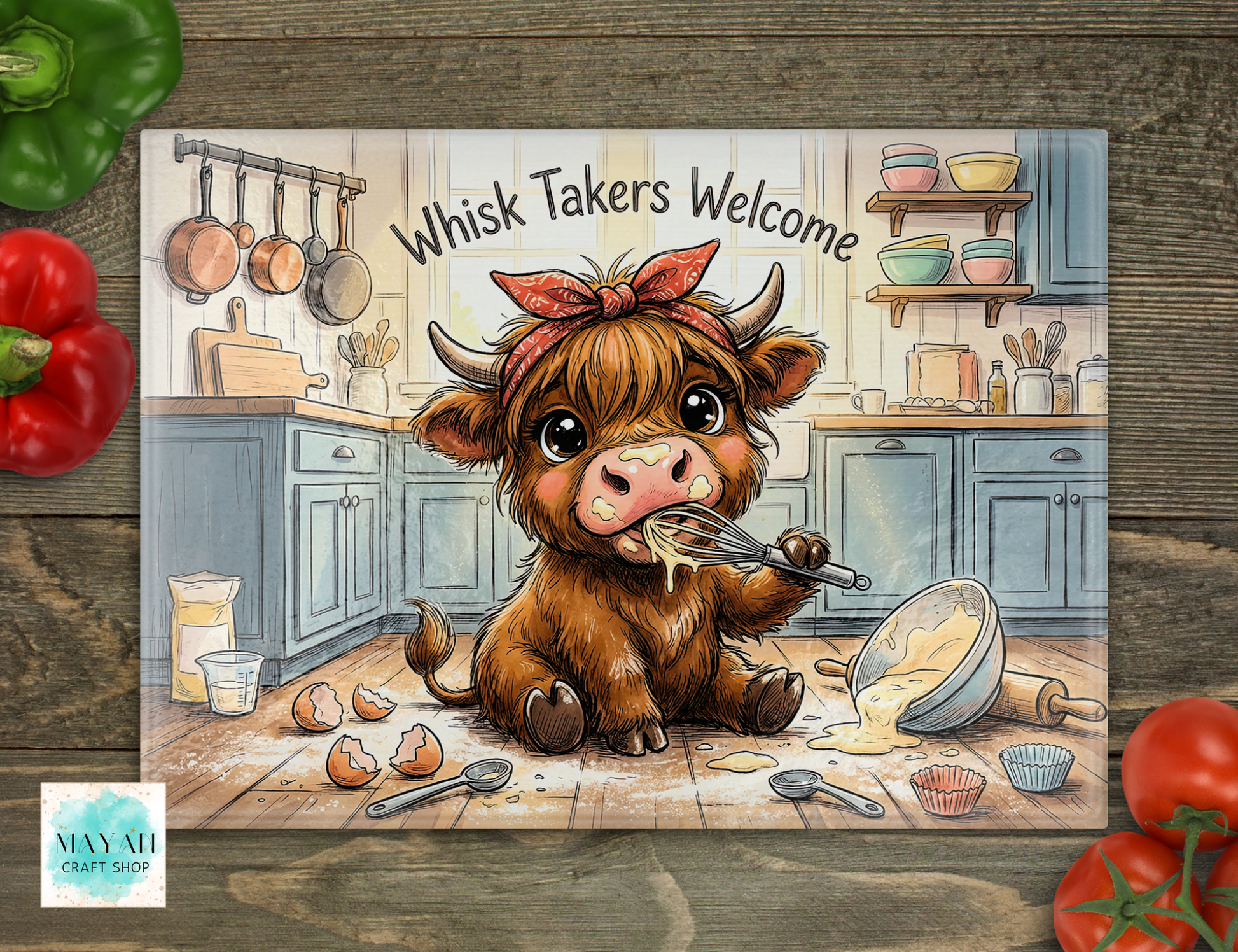 Cartoon cow in a kitchen with 'Whisk Takers Welcome' text, surrounded by vegetables on a wooden surface.