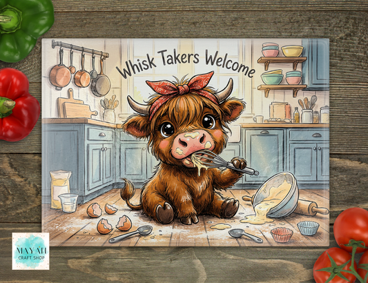 Cartoon cow in a kitchen with 'Whisk Takers Welcome' text, surrounded by vegetables on a wooden surface.