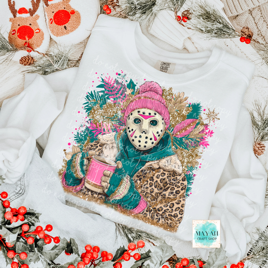 White sweatshirt with a colorful graphic of a snowman wearing a pink hat and leopard print coat, surrounded by winter elements.