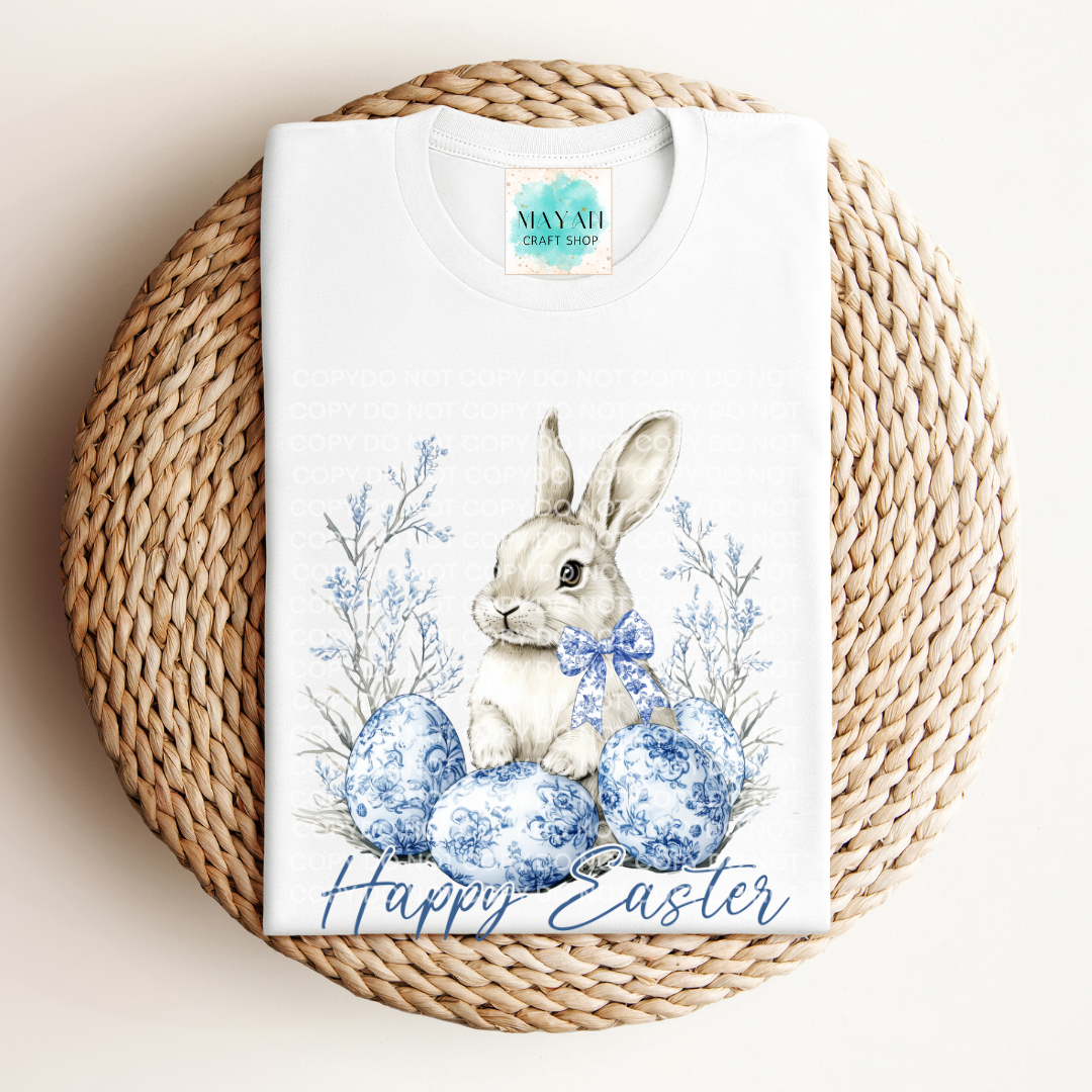 Happy Easter blue white shirt. -Mayan Craft Shop