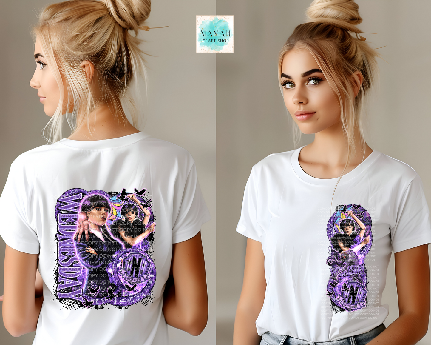 White t-shirt with a purple graphic design on the back and front worn by a model.