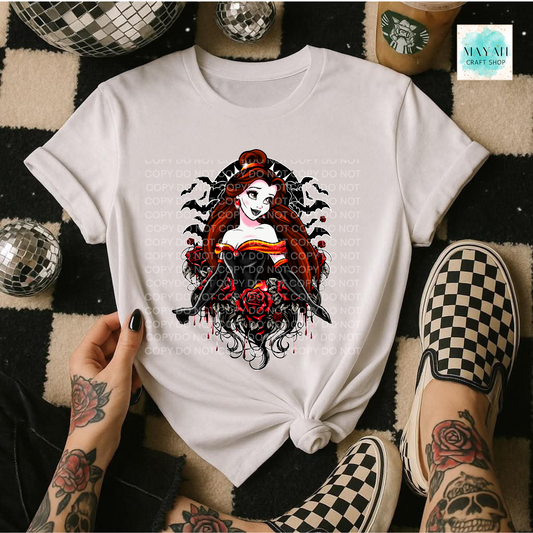 White t-shirt with a graphic design of a woman with red hair, worn by a person with tattoos and checkered shoes.