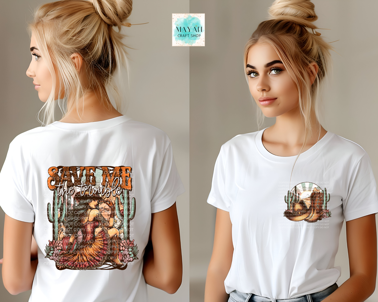 White t-shirt with desert-themed design on front and back worn by a model.
