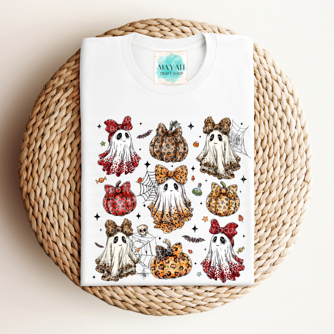 White t-shirt with Halloween-themed design on a woven surface