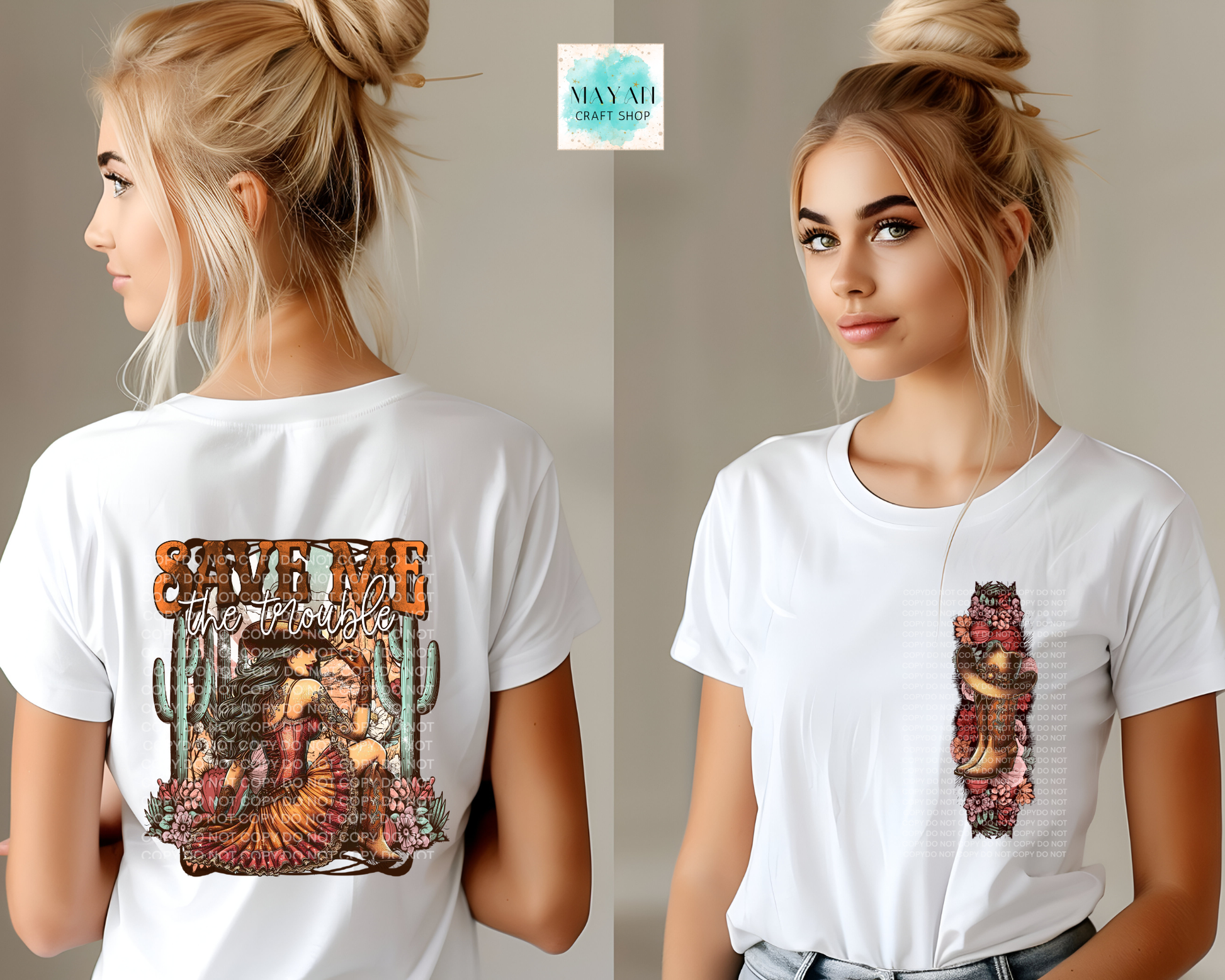 White t-shirt with graphic design on front and back worn by a model, with 'MAYA NIK' brand logo.
