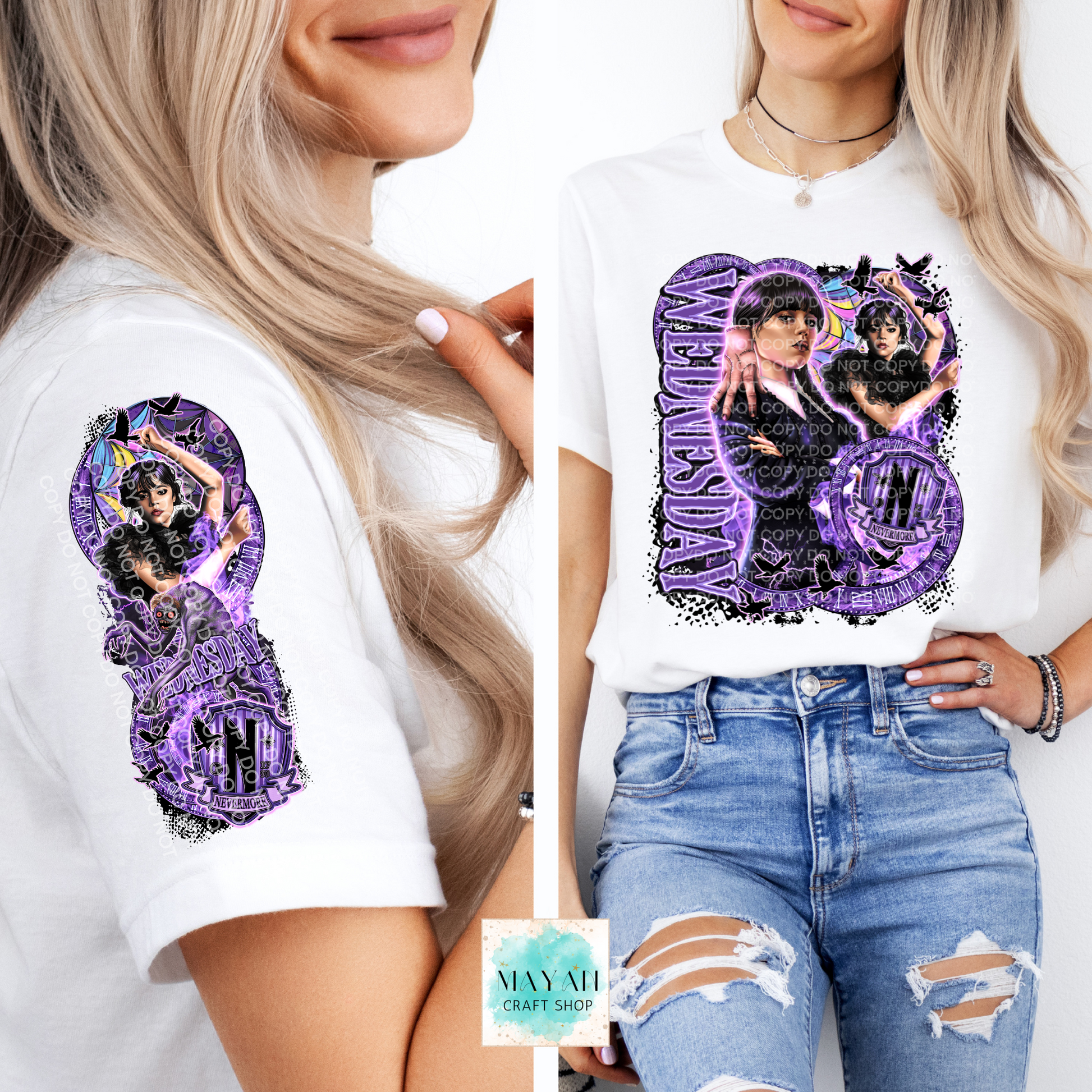 White t-shirt with purple graphic design worn by a person with ripped jeans.