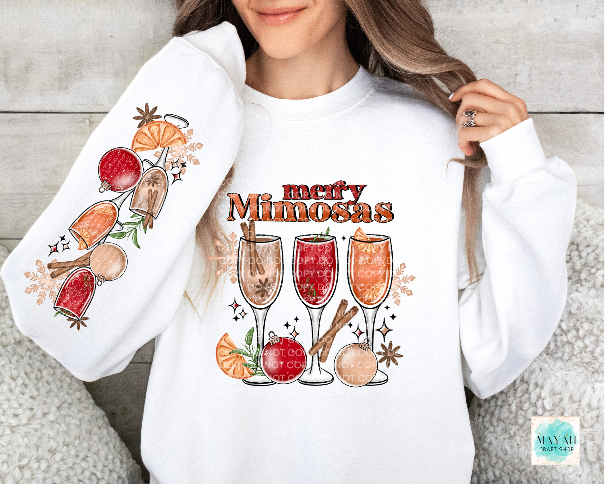 Merry mimosas white sweatshirt. -Mayan Sub Shop