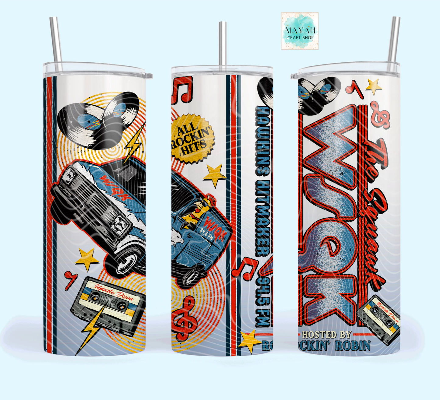 Three tumbler designs with retro music theme on a light blue background