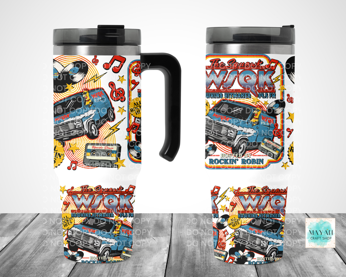 Travel mug with colorful design featuring a van and text on a white background