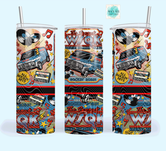 Three tumblers with a design featuring a car, music notes, and text on a white background.