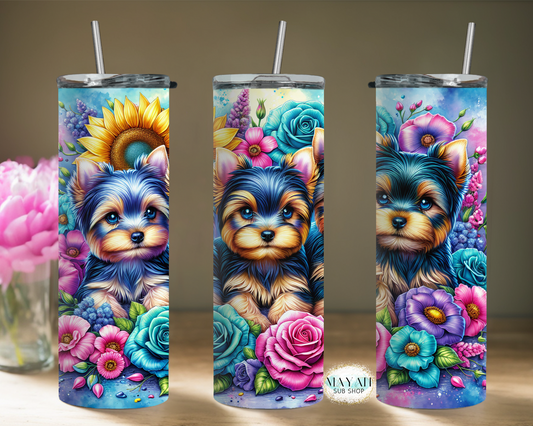 Flowers yorkie tumbler. -Mayan Sub Shop