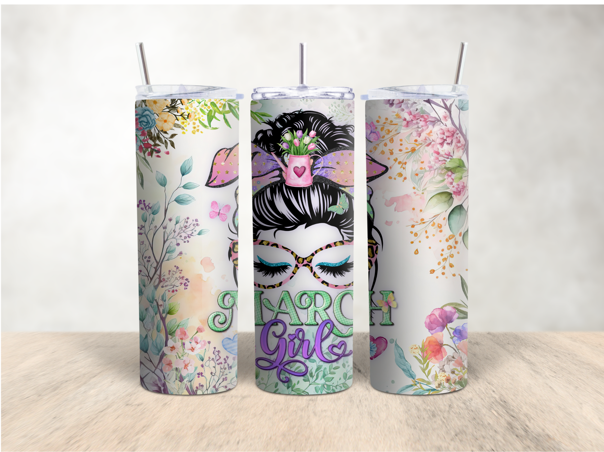 March girl messy bun 20 oz. skinny tumbler - Mayan Sub Shop